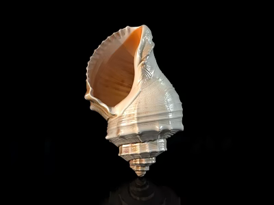 Shiny White Conch Shell With Intricate Patterns On Black Reflective Surface 3d model