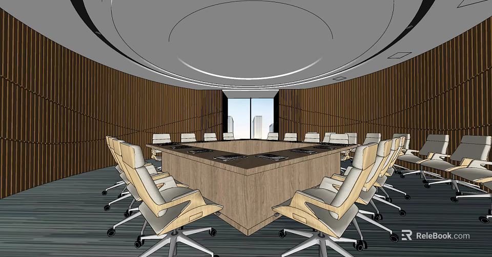 Modern Business Conference Room With Large Wooden Table Leather Chairs And City View Windows 3d model 