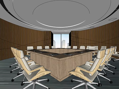 Modern Business Conference Room With Large Wooden Table Leather Chairs And City View Windows 3d model