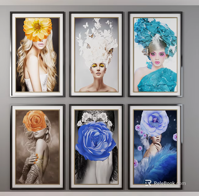Vibrant Artistic Portrait Paintings With Decorative Flowers Butterflies And Feathers Headpieces 3d model 