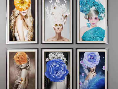 Vibrant Artistic Portrait Paintings With Decorative Flowers Butterflies And Feathers Headpieces 3d model