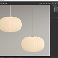 Two Beige Pleated Pendant Lights with Modern Design Hanging Against Gray Background