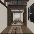 Japanese Religious Faith Courtyard With Wooden Doorway Stone Paved Ground Shrine Symbol Plants And Benches