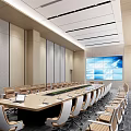 Modern Spacious Conference Room Interior With Long Table Large Screen And Floor to ceiling Windows 3d model
