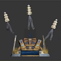 Ornate Treasure Chest With Pagoda Decorations Flames And Blue Cloth On Pedestal