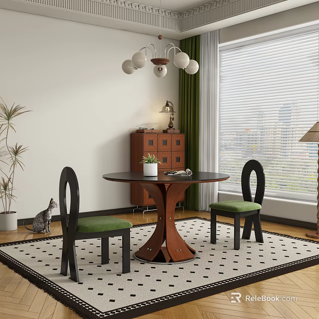 Dining Room With Round Table Black Chairs Green Cushions Chandelier And City View 3d model 