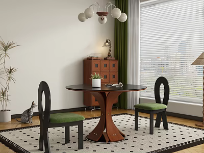 Dining Room With Round Table Black Chairs Green Cushions Chandelier And City View 3d model