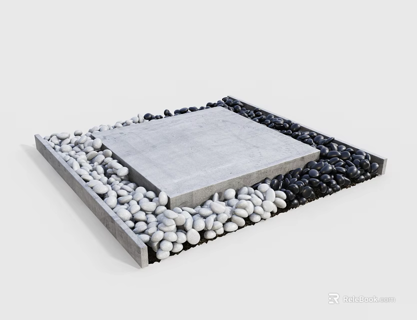 Wooden Border Square Gray Stone Slab Surrounded By White Black Pebbles 3d model 