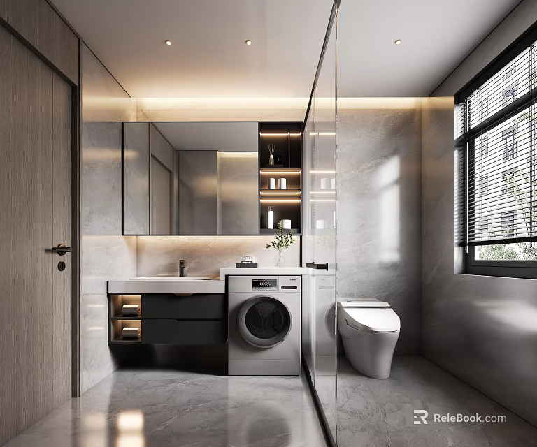 Modern Bathroom Interior With Large Mirror Vanity Washing Machine Toilet And Gray Marble 3d model 