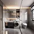 Modern Bathroom Interior With Large Mirror Vanity Washing Machine Toilet And Gray Marble