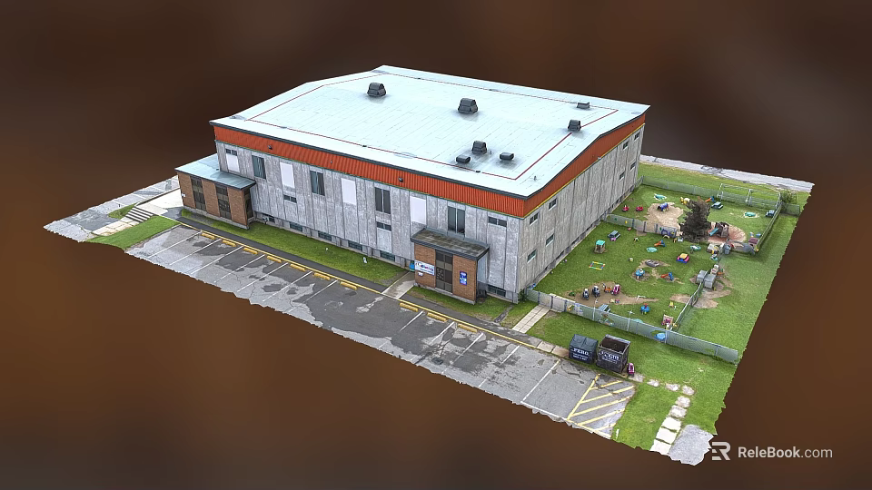 Modern Hospital Building With Flat Roof Parking Area Green Lawn And Vehicles 3d model 