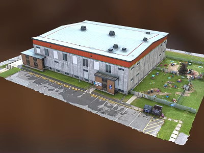 Modern Hospital Building With Flat Roof Parking Area Green Lawn And Vehicles 3d model
