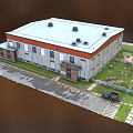 Modern Hospital Building With Flat Roof Parking Area Green Lawn And Vehicles