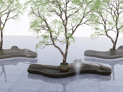 Curved Landscape Seats With Green Trees And Water Surface In Outdoor Design 3d model