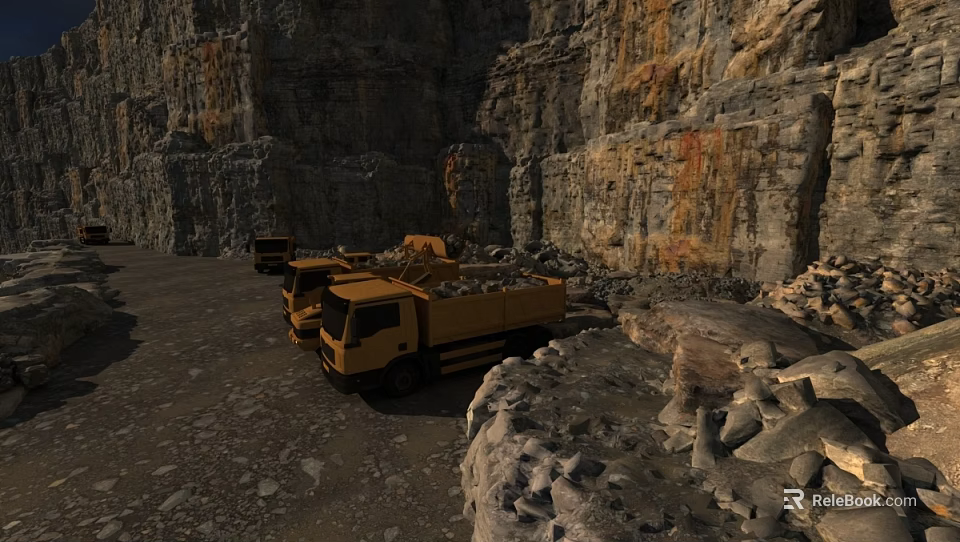 Rocky Cliff Landscape with Dump Trucks on Gravel Ground and Steep Rock Walls 3d model 