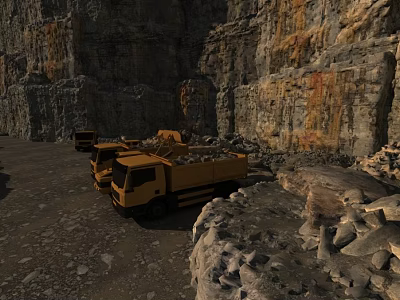 Rocky Cliff Landscape with Dump Trucks on Gravel Ground and Steep Rock Walls 3d model
