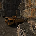 Rocky Cliff Landscape with Dump Trucks on Gravel Ground and Steep Rock Walls