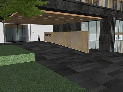 Modern Entrance Gate with Wooden Canopy Green Lawn Dark Stone Pavement and Glass Curtain Wall 3d model