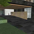 Modern Entrance Gate with Wooden Canopy Green Lawn Dark Stone Pavement and Glass Curtain Wall