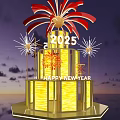 2025 Happy New Year Art Installation With Golden Illuminated Structure And Fireworks