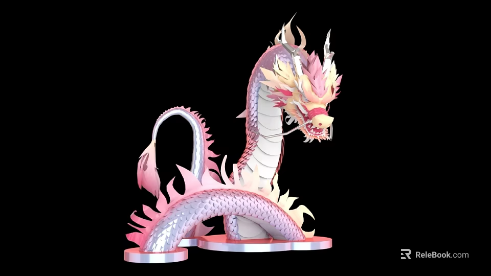 3D Dragon Model With Pink White Body And Silver Flame Like Design On Black Background 3d model 