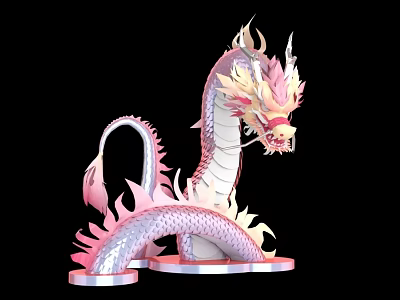 3D Dragon Model With Pink White Body And Silver Flame Like Design On Black Background 3d model