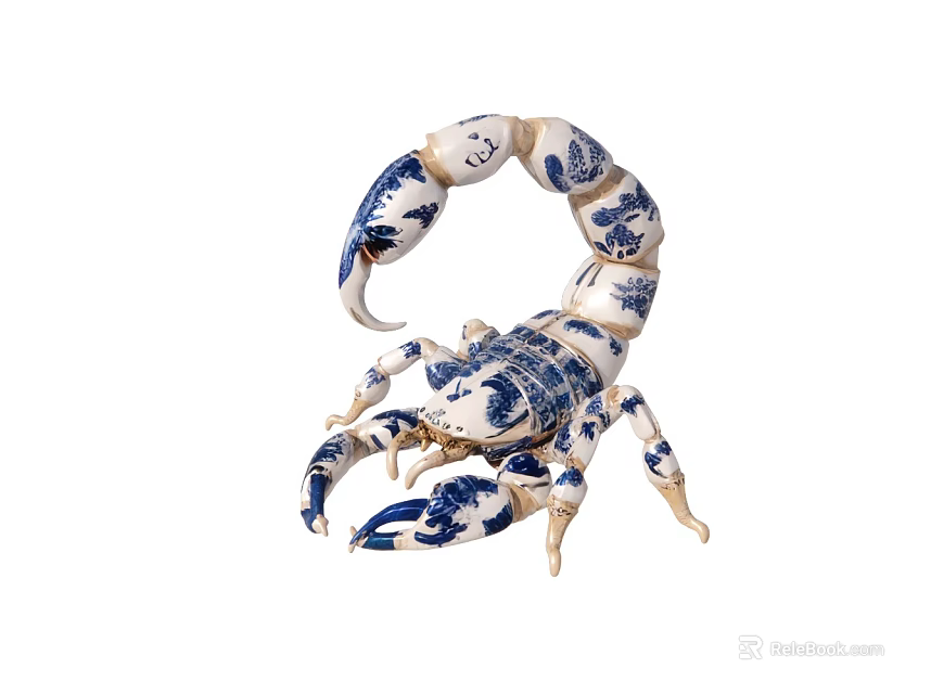 Blue And White Ceramic Scorpion Figurine With Decorative Floral Patterns 3d model 