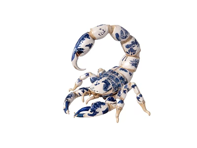 Blue And White Ceramic Scorpion Figurine With Decorative Floral Patterns 3d model