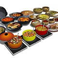 Traditional Homemade Food Dishes with Various Stews Vegetables and Fish in Ceramic Bowls and Plates