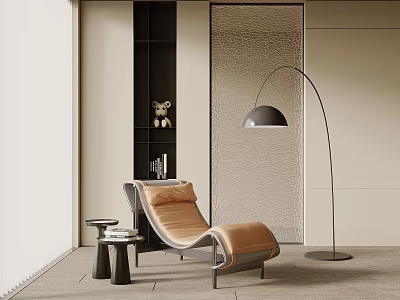 Lounge Chair In Contemporary Minimalist Interior With Leather Upholstery Arch Floor Lamp And Side Table 3d model
