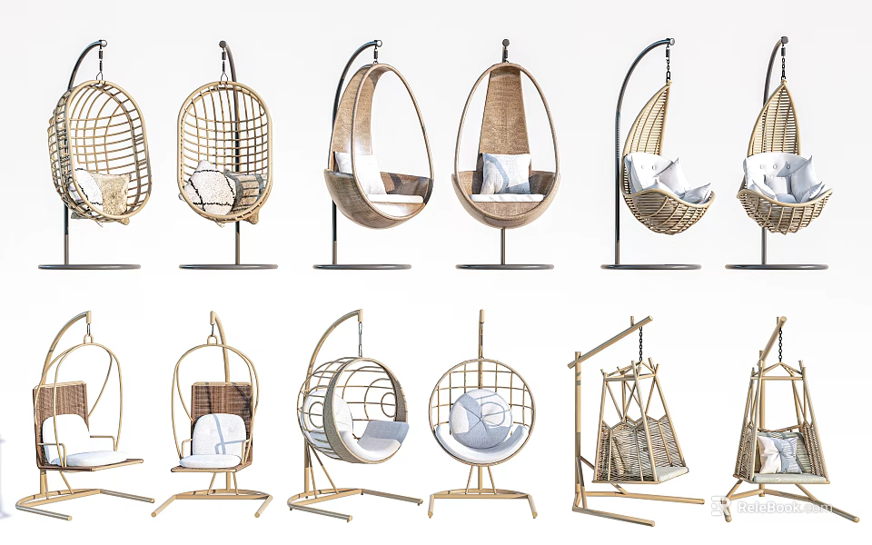 Stylish Outdoor Hanging Rattan Chairs in Various Designs with Comfortable Seats and Stands 3d model 