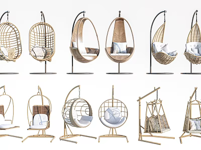 Stylish Outdoor Hanging Rattan Chairs in Various Designs with Comfortable Seats and Stands 3d model