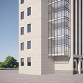 Modern Office Building With Glass Curtain Wall Stone Facade Parking Area Greenery And Pedestrians