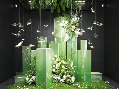 Stunning Art Installation With Green Transparent Columns Fresh Flowers Hanging Butterflies And Hanging Greenery 3d model