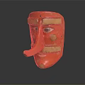 Traditional Red Handcrafted Mask With Long Nose Blue Eyes And Yellow Decorations