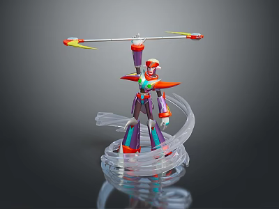 Colorful Robot Action Figure With Long Pole Weapon And Transparent Spiral Base 3d model