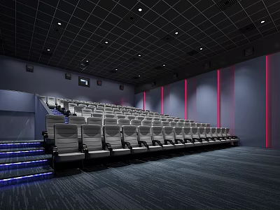Spacious Modern Cinema Interior With Rows Of Comfortable Seats Illuminated Steps And Red Accent Strips 3d model