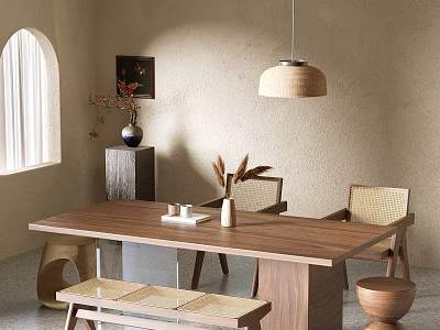 Cozy Living Room Interior With Wooden Dining Table Woven Chairs Arched Window And Pendant Light 3d model