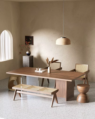 Cozy Living Room Interior With Wooden Dining Table Woven Chairs Arched Window And Pendant Light 3d model