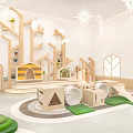 Bright Kindergarten Indoor Play Space With Playhouse Slide Climbing Structure Wooden Tunnels And Green Mats