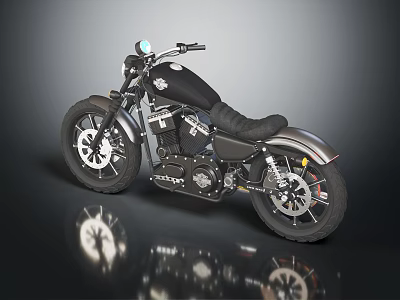 Black Vintage Style Motorcycle With Black Seat Silver Engine And Wheels Dark Background Floor Reflection 3d model