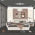 Modern Elegant Bedroom With Tufted Bed Framed Artworks Mirror Chandelier Paneled Walls And Rug