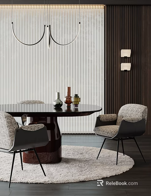 Contemporary Round Dining Table With Textured Chairs Decorative Vases And Wooden Wall Accents 3d model 