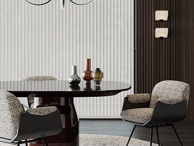 Contemporary Round Dining Table With Textured Chairs Decorative Vases And Wooden Wall Accents 3d model