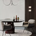 Contemporary Round Dining Table With Textured Chairs Decorative Vases And Wooden Wall Accents