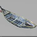 Old Blue And White Wooden Boat With Worn Hull Interior Seating And Red Stern Object