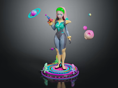 3D Sci Fi Female Character Holding Gun With Colorful Floating Planets And Orbs 3d model