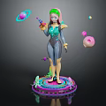 3D Sci Fi Female Character Holding Gun With Colorful Floating Planets And Orbs