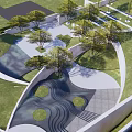 Modern Garden Landscape Design With Curved Structures Green Lawn And Trees