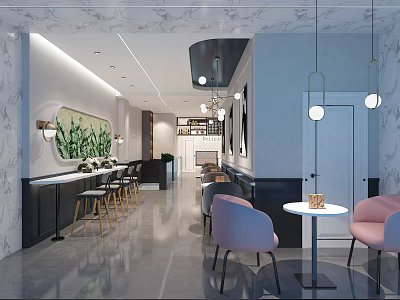 Elegant Modern Milk Tea Shop Interior With Comfortable Seating And Pendant Lights 3d model